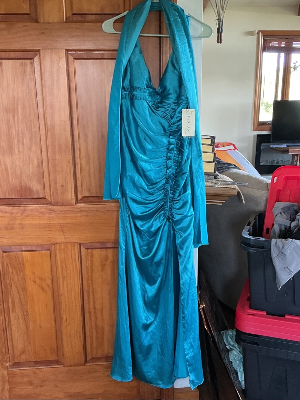 Teal Halter Ruched Satin Maxi Dress